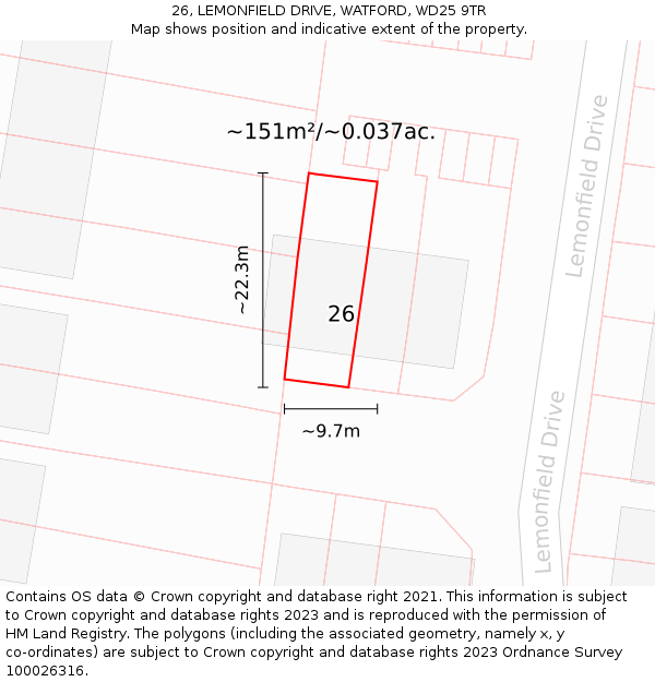 26, LEMONFIELD DRIVE, WATFORD, WD25 9TR: Plot and title map