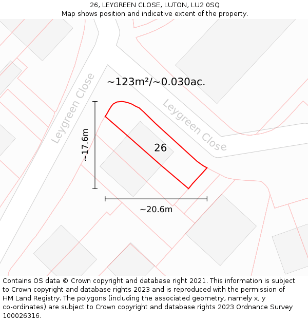 26, LEYGREEN CLOSE, LUTON, LU2 0SQ: Plot and title map