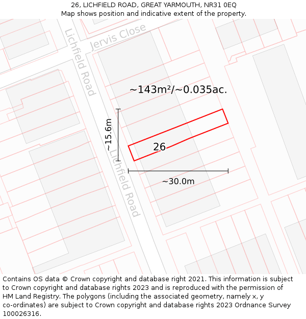 26, LICHFIELD ROAD, GREAT YARMOUTH, NR31 0EQ: Plot and title map