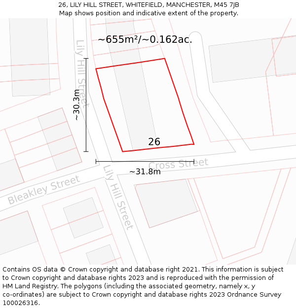 26, LILY HILL STREET, WHITEFIELD, MANCHESTER, M45 7JB: Plot and title map