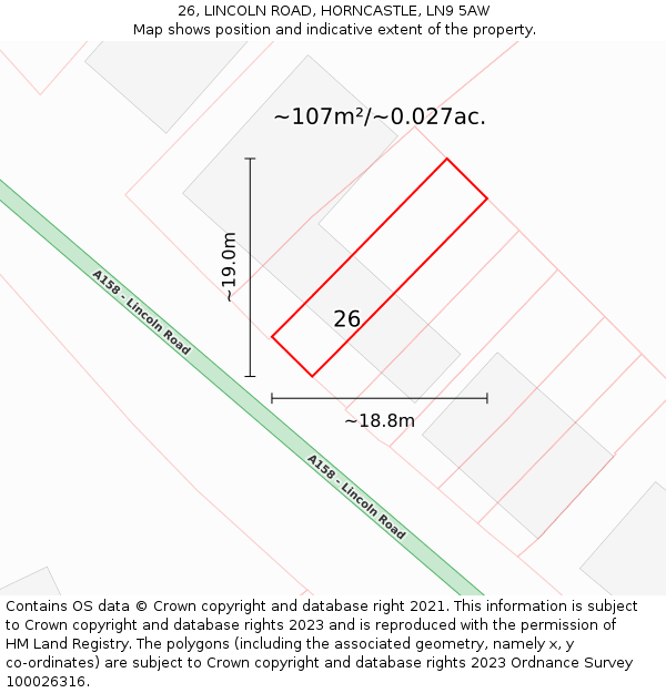 26, LINCOLN ROAD, HORNCASTLE, LN9 5AW: Plot and title map