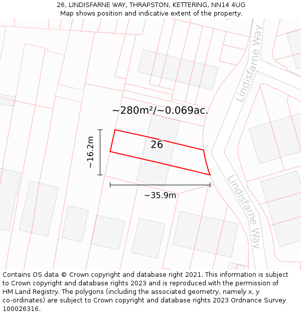 26, LINDISFARNE WAY, THRAPSTON, KETTERING, NN14 4UG: Plot and title map