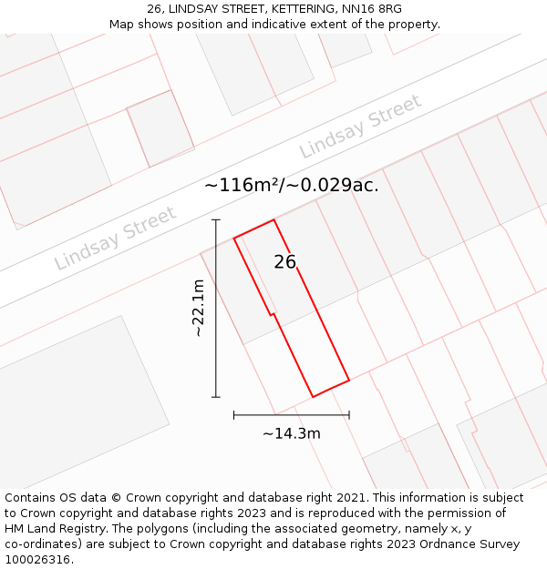 26, LINDSAY STREET, KETTERING, NN16 8RG: Plot and title map