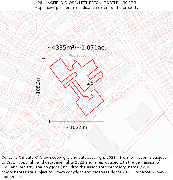 26, LINGFIELD CLOSE, NETHERTON, BOOTLE, L30 1BB: Plot and title map