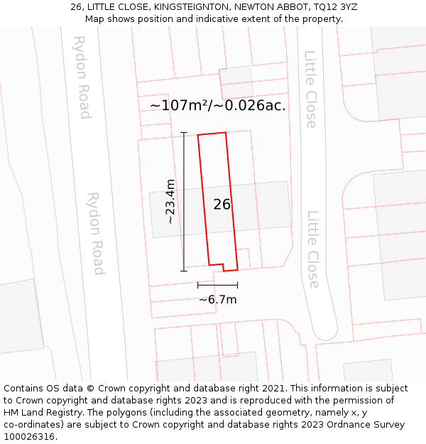26, LITTLE CLOSE, KINGSTEIGNTON, NEWTON ABBOT, TQ12 3YZ: Plot and title map