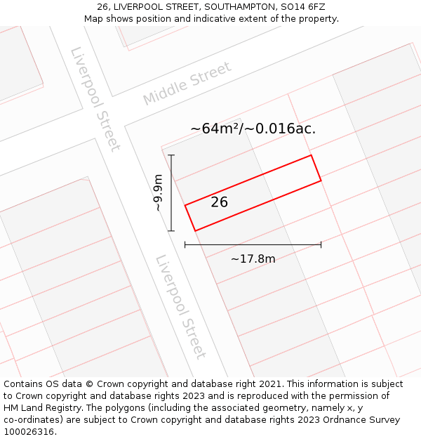 26, LIVERPOOL STREET, SOUTHAMPTON, SO14 6FZ: Plot and title map