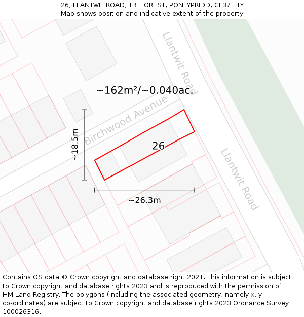 26, LLANTWIT ROAD, TREFOREST, PONTYPRIDD, CF37 1TY: Plot and title map