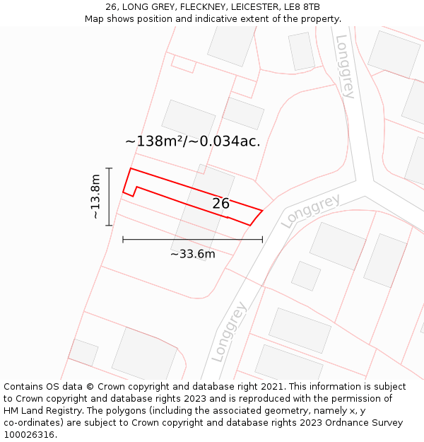 26, LONG GREY, FLECKNEY, LEICESTER, LE8 8TB: Plot and title map