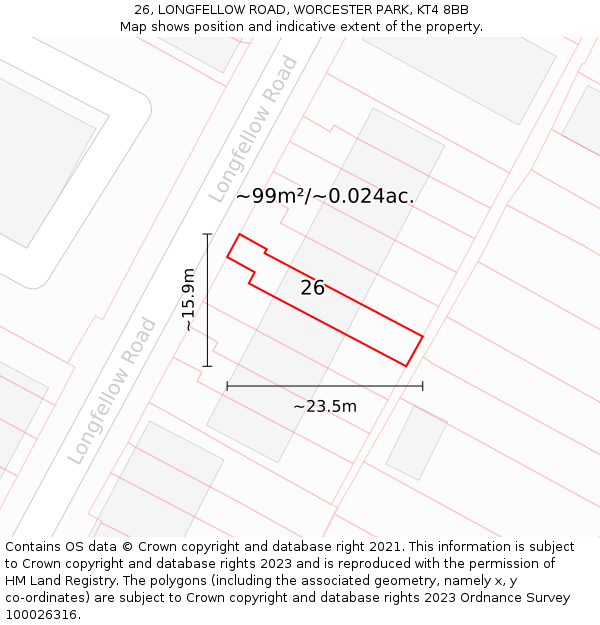 26, LONGFELLOW ROAD, WORCESTER PARK, KT4 8BB: Plot and title map