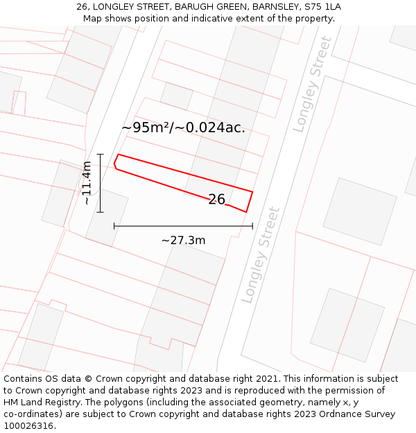 26, LONGLEY STREET, BARUGH GREEN, BARNSLEY, S75 1LA: Plot and title map