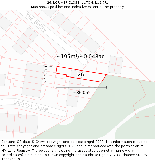 26, LORIMER CLOSE, LUTON, LU2 7RL: Plot and title map