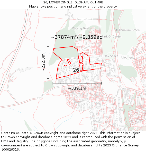 26, LOWER DINGLE, OLDHAM, OL1 4PB: Plot and title map