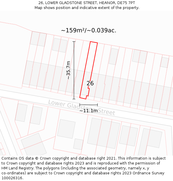 26, LOWER GLADSTONE STREET, HEANOR, DE75 7PT: Plot and title map