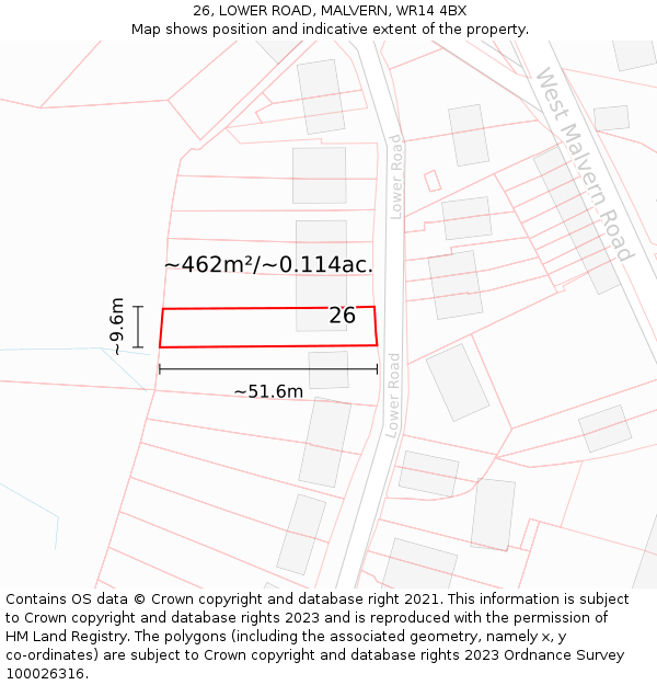 26, LOWER ROAD, MALVERN, WR14 4BX: Plot and title map