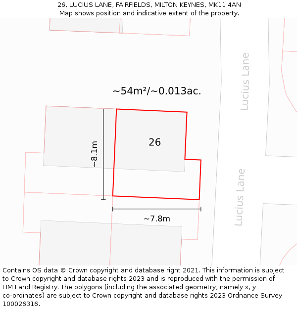 26, LUCIUS LANE, FAIRFIELDS, MILTON KEYNES, MK11 4AN: Plot and title map