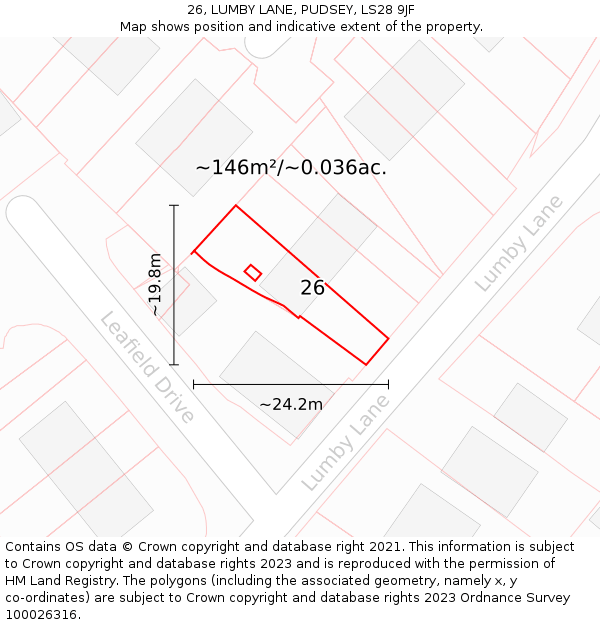 26, LUMBY LANE, PUDSEY, LS28 9JF: Plot and title map