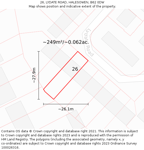 26, LYDATE ROAD, HALESOWEN, B62 0DW: Plot and title map