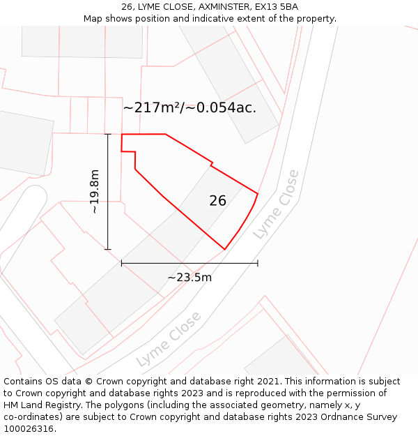 26, LYME CLOSE, AXMINSTER, EX13 5BA: Plot and title map