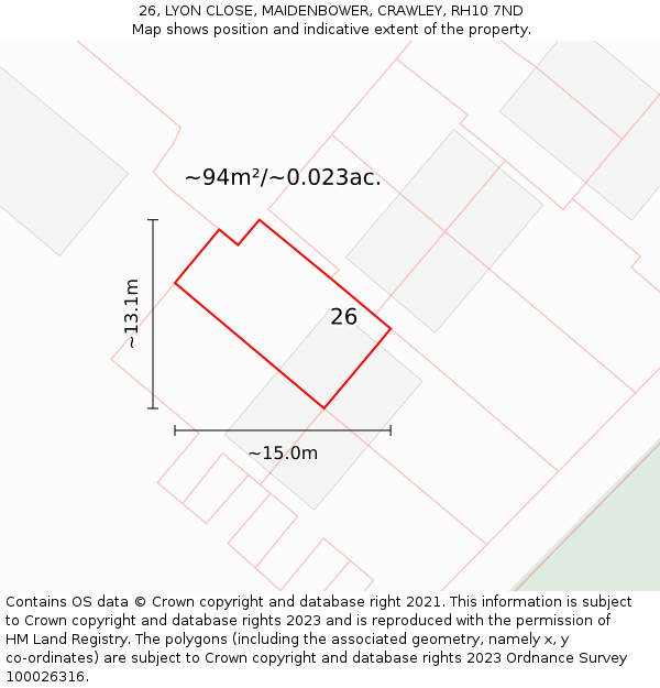 26, LYON CLOSE, MAIDENBOWER, CRAWLEY, RH10 7ND: Plot and title map