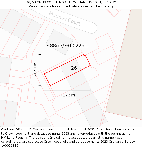 26, MAGNUS COURT, NORTH HYKEHAM, LINCOLN, LN6 9FW: Plot and title map