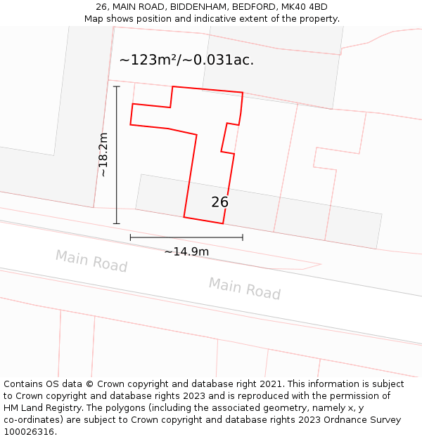 26, MAIN ROAD, BIDDENHAM, BEDFORD, MK40 4BD: Plot and title map