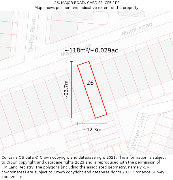 26, MAJOR ROAD, CARDIFF, CF5 1PF: Plot and title map