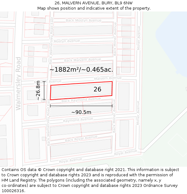 26, MALVERN AVENUE, BURY, BL9 6NW: Plot and title map