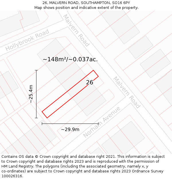 26, MALVERN ROAD, SOUTHAMPTON, SO16 6PY: Plot and title map
