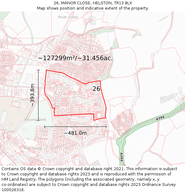 26, MANOR CLOSE, HELSTON, TR13 8LX: Plot and title map