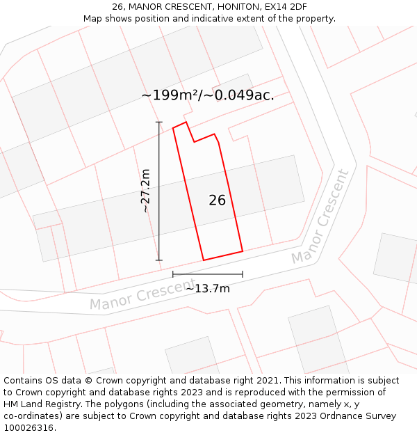 26, MANOR CRESCENT, HONITON, EX14 2DF: Plot and title map