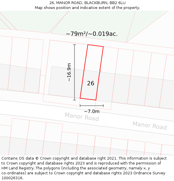 26, MANOR ROAD, BLACKBURN, BB2 6LU: Plot and title map