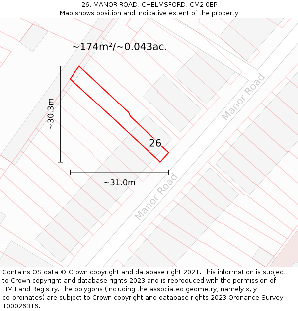 26, MANOR ROAD, CHELMSFORD, CM2 0EP: Plot and title map