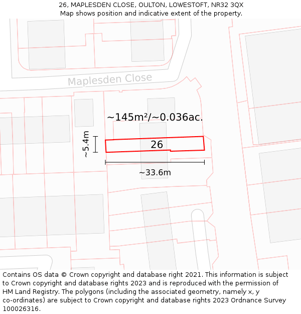 26, MAPLESDEN CLOSE, OULTON, LOWESTOFT, NR32 3QX: Plot and title map