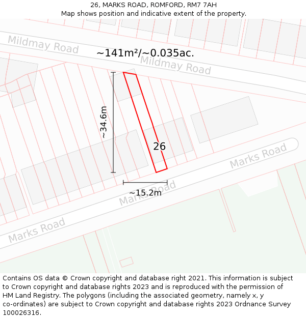 26, MARKS ROAD, ROMFORD, RM7 7AH: Plot and title map