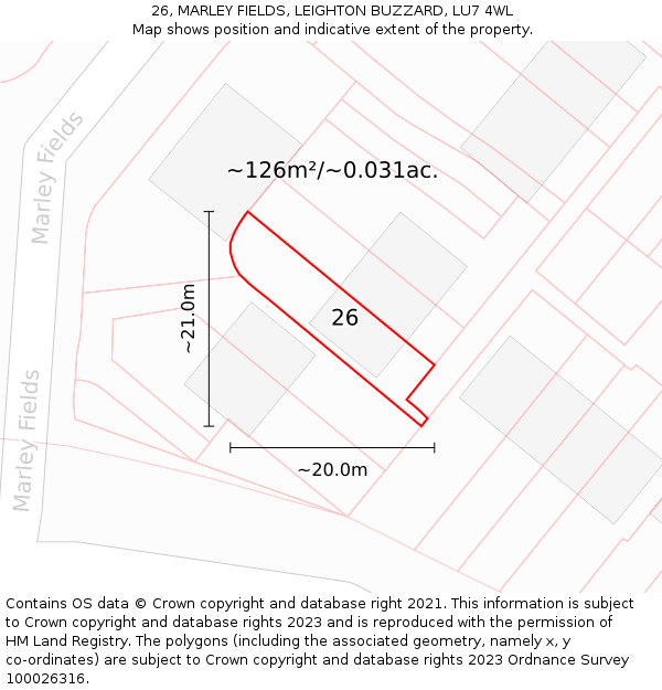 26, MARLEY FIELDS, LEIGHTON BUZZARD, LU7 4WL: Plot and title map