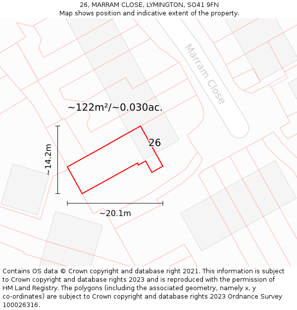 26, MARRAM CLOSE, LYMINGTON, SO41 9FN: Plot and title map