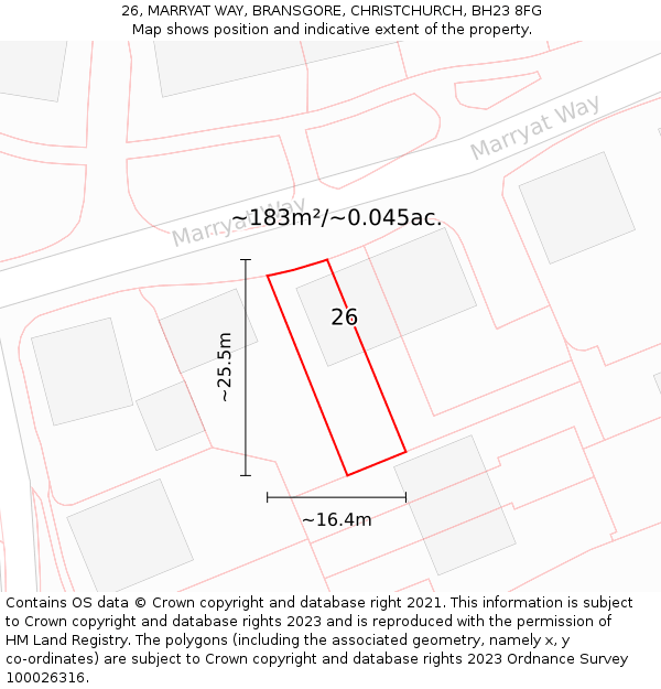 26, MARRYAT WAY, BRANSGORE, CHRISTCHURCH, BH23 8FG: Plot and title map