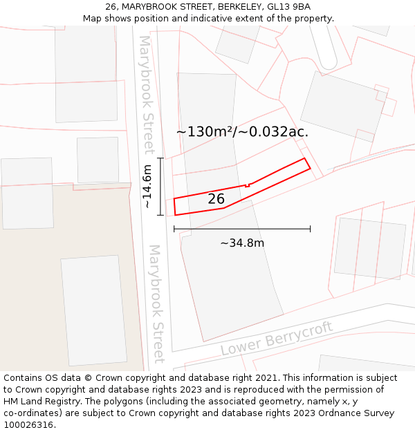 26, MARYBROOK STREET, BERKELEY, GL13 9BA: Plot and title map