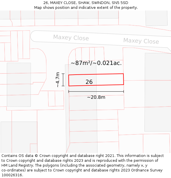 26, MAXEY CLOSE, SHAW, SWINDON, SN5 5SD: Plot and title map