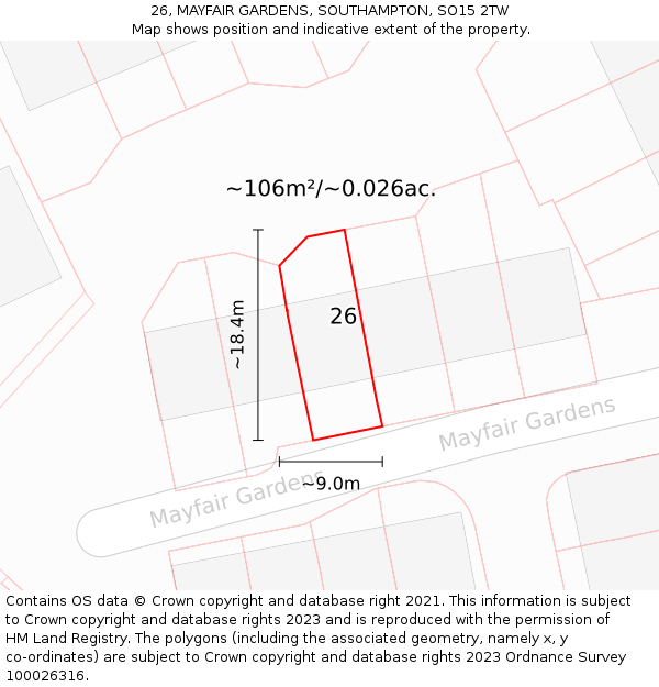 26, MAYFAIR GARDENS, SOUTHAMPTON, SO15 2TW: Plot and title map