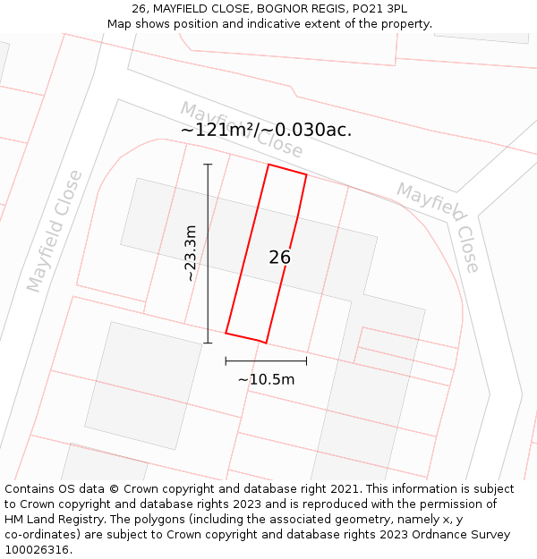 26, MAYFIELD CLOSE, BOGNOR REGIS, PO21 3PL: Plot and title map