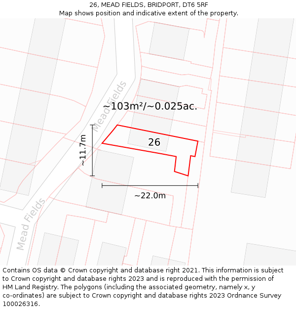 26, MEAD FIELDS, BRIDPORT, DT6 5RF: Plot and title map