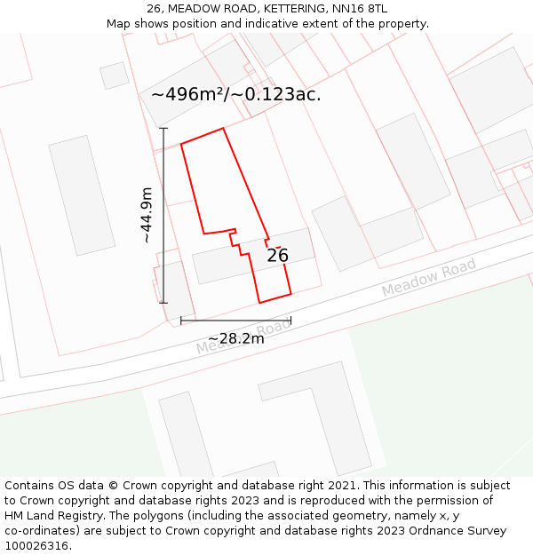 26, MEADOW ROAD, KETTERING, NN16 8TL: Plot and title map