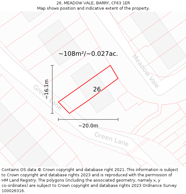 26, MEADOW VALE, BARRY, CF63 1ER: Plot and title map