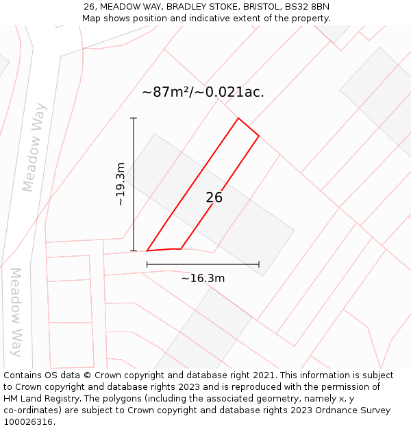 26, MEADOW WAY, BRADLEY STOKE, BRISTOL, BS32 8BN: Plot and title map