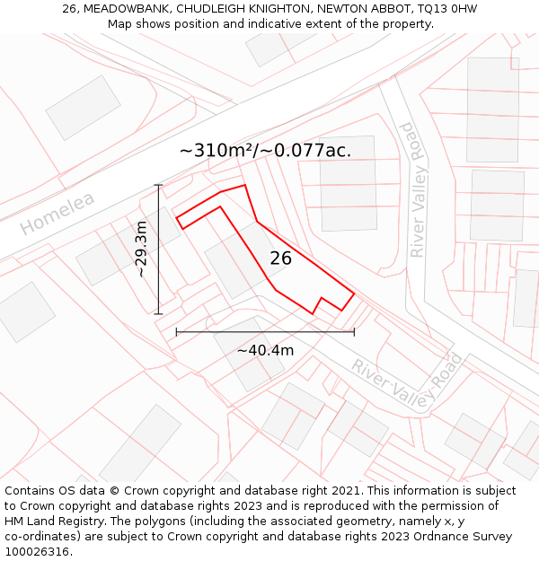 26, MEADOWBANK, CHUDLEIGH KNIGHTON, NEWTON ABBOT, TQ13 0HW: Plot and title map