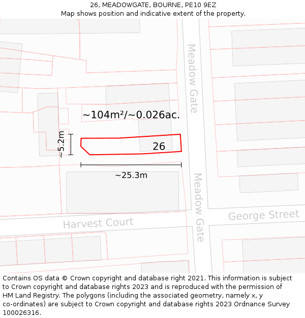26, MEADOWGATE, BOURNE, PE10 9EZ: Plot and title map