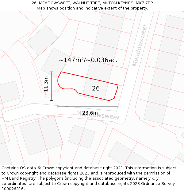 26, MEADOWSWEET, WALNUT TREE, MILTON KEYNES, MK7 7BP: Plot and title map