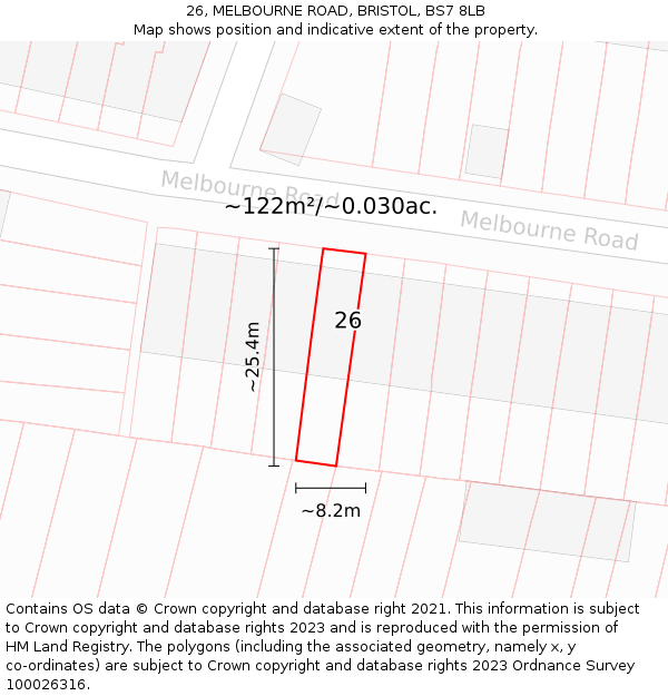 26, MELBOURNE ROAD, BRISTOL, BS7 8LB: Plot and title map