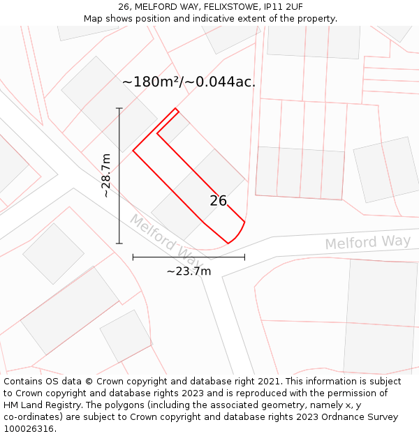 26, MELFORD WAY, FELIXSTOWE, IP11 2UF: Plot and title map